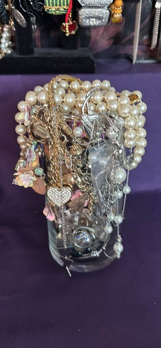 Stuffed Costume Jewelry Jar with necklaces bracelets earrings   7” Tall  #1003